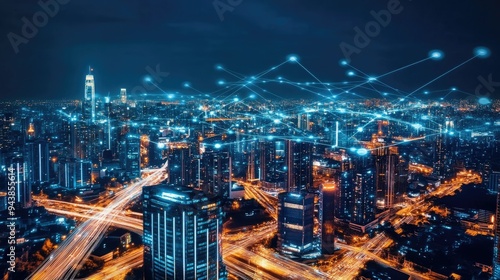 Wallpaper Mural A smart cityscape with connected buildings and infrastructure, with data streams representing communication technology integration Torontodigital.ca