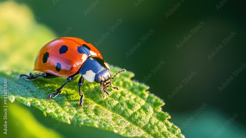 Fototapeta premium Macro view of a ladybug resting on a leaf, its bright colors contrasted by a gently defocused background.