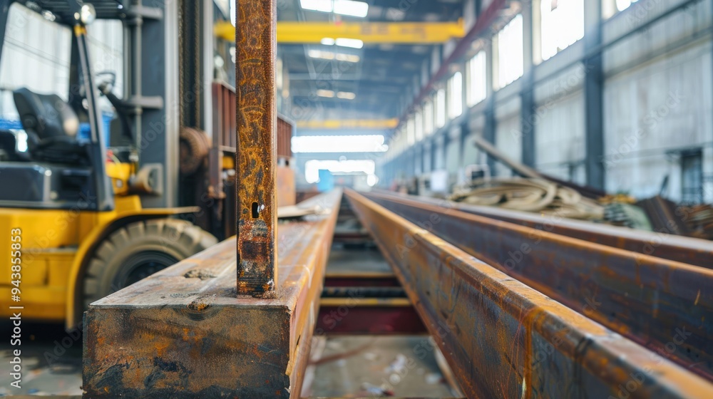 Side loader forklift lifting a long metal beam in a manufacturing plant Side loader forklift lifting a long metal beam in a manufacturing plant