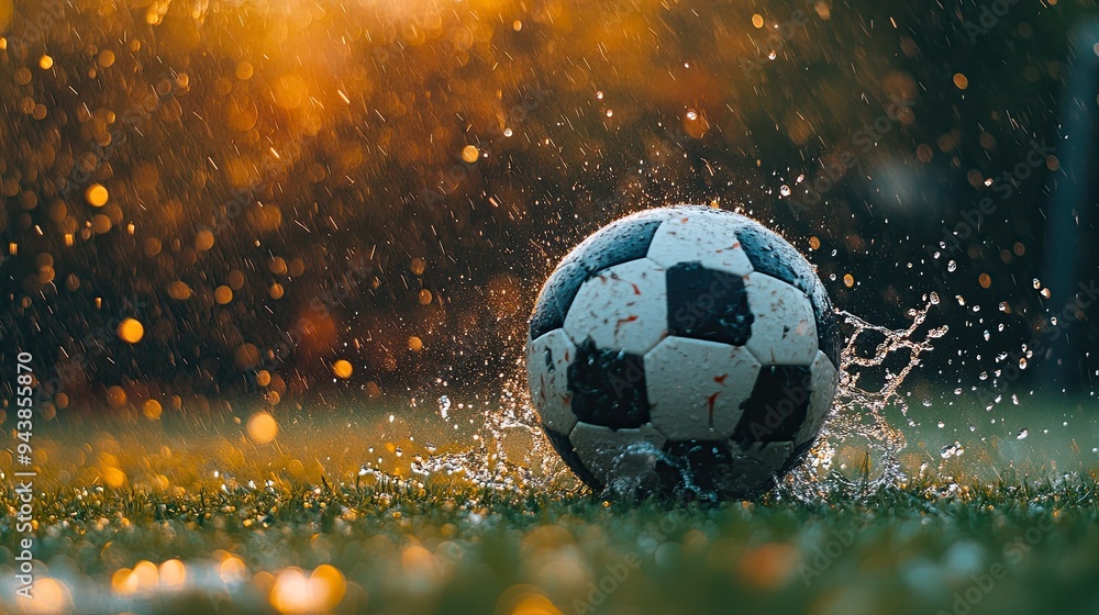 Fototapeta premium A soccer ball bouncing on a wet field, with water splashing up around it after a rainy match