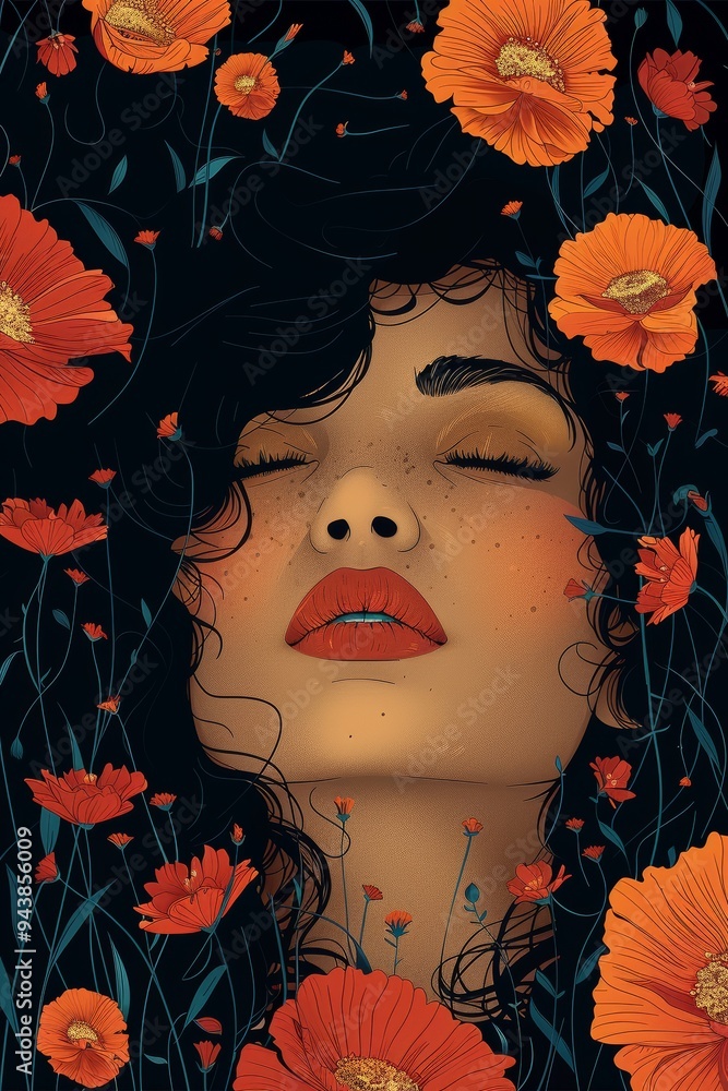 A painting depicting a womans face surrounded by a variety of colorful flowers in a simplistic vector style A painting depicting a womans face surrounded by a variety of colorful flowers in a simplistic vector style