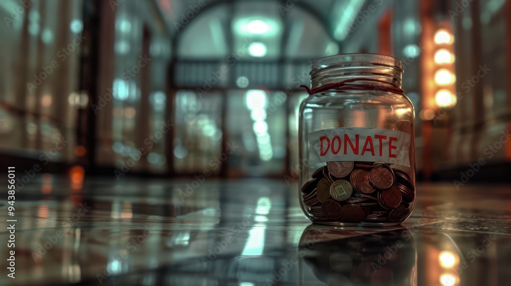 The donation jar with coins. The donation jar with coins.