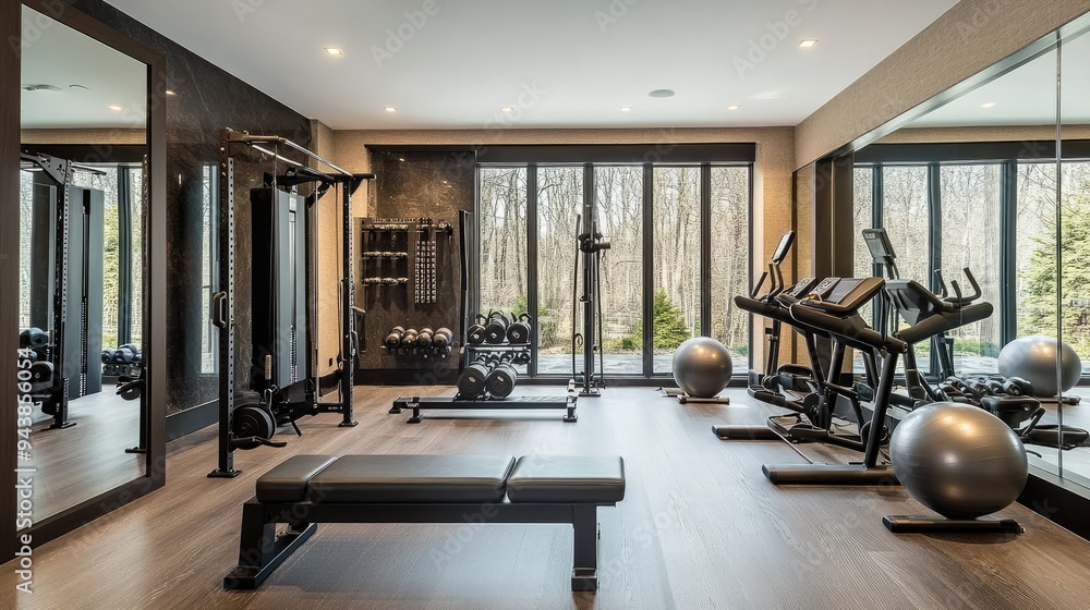 Contemporary home gym with workout equipment, mirrors, and motivational decor, functional and inspiring space