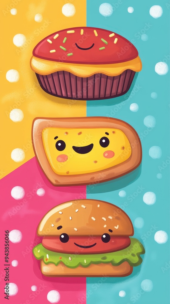 Cute and colorful food icons are displayed, showcasing a smiling cupcake, cheese slice, and hamburger on a lively backdrop Cute and colorful food icons are displayed, showcasing a smiling cupcake, cheese slice, and hamburger on a lively backdrop