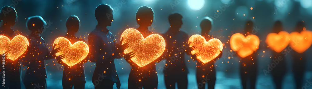 People with Glowing Hearts and Joyful Expressions concept as A group of people holding glowing hearts with joyful expressions set against a dreamy background offering ample space for text or graphics People with Glowing Hearts and Joyful Expressions concept as A group of people holding glowing hearts with joyful expressions set against a dreamy background offering ample space for text or graphics