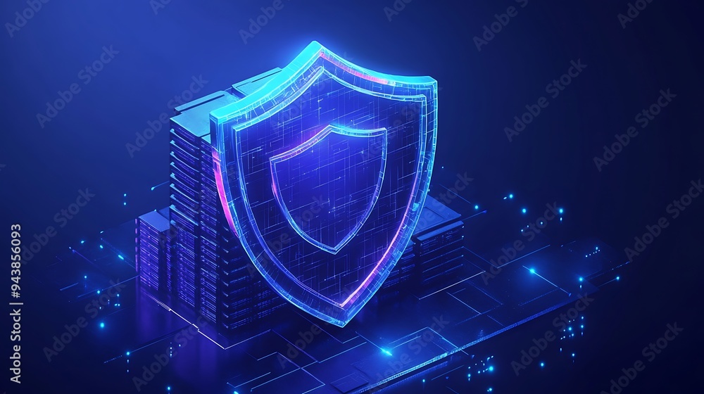 Fototapeta premium Futuristic digital shield protecting data servers, representing cybersecurity and data protection on a neon blue background.