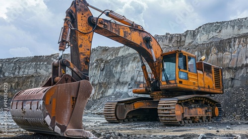 Side view of a dragline excavator with its bucket extended