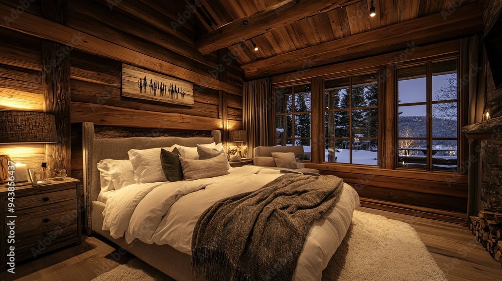 Cozy cabin bedroom with wooden walls, soft lighting, and warm bedding, rustic and inviting atmosphere Cozy cabin bedroom with wooden walls, soft lighting, and warm bedding, rustic and inviting atmosphere