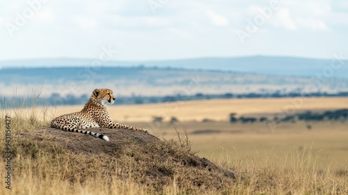 A solitary cheetah resting on a small hill, with the endless plains of the Serengeti stretching out behind it.
