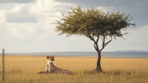A solitary cheetah resting under a tree in the midday sun, with the endless savannah stretching out behind it, empty and silent.