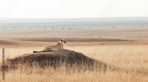 A solitary cheetah resting on a small hill, with the endless plains of the Serengeti stretching out behind it.
