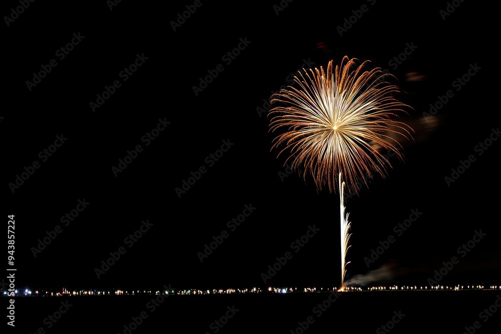 A Single Fireworks Display Over a City Skyline at Night A Single Fireworks Display Over a City Skyline at Night