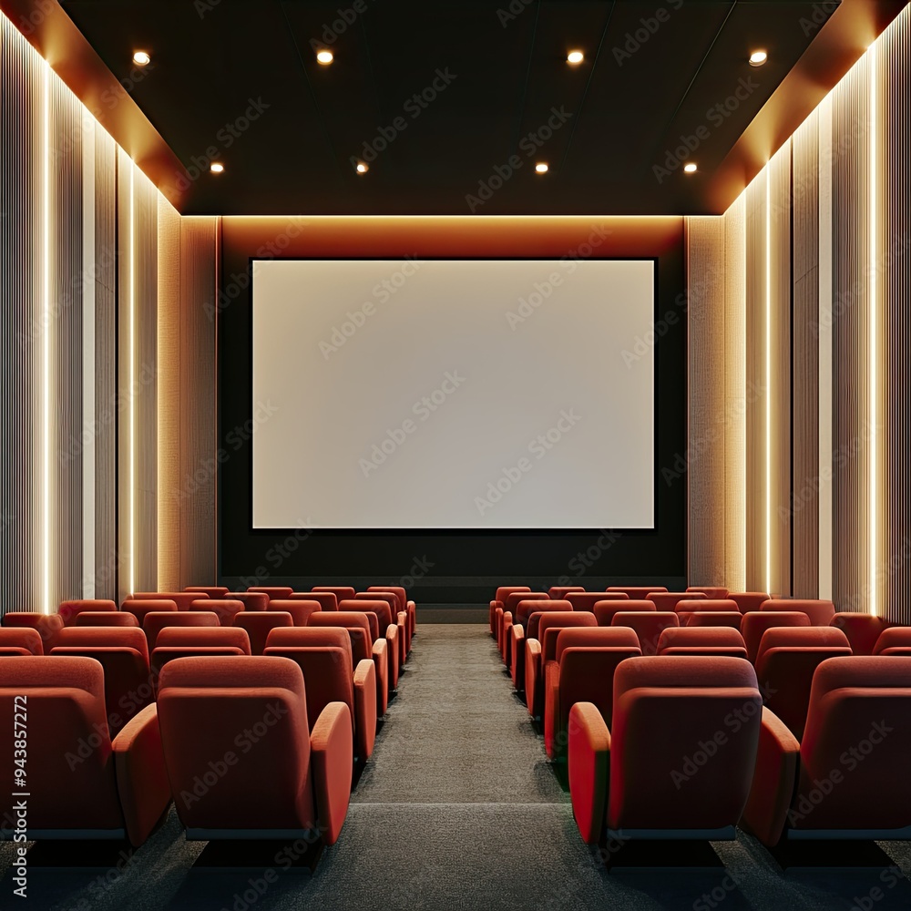 Modern Cinema Interior - Hall with a Large Screen and Soft Red Chairs Modern Cinema Interior - Hall with a Large Screen and Soft Red Chairs