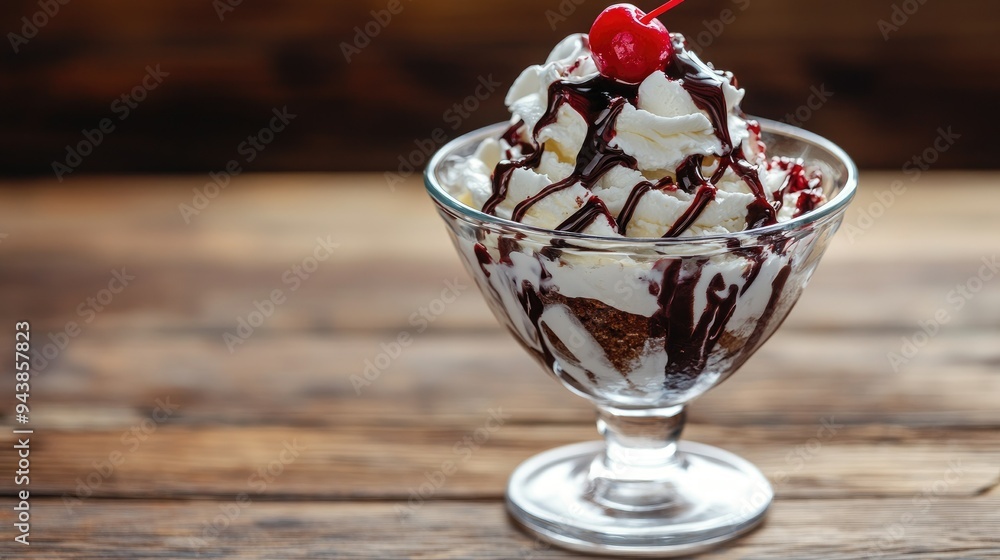 Ice cream sundae with whipped cream, cherry on top, and drizzles of chocolate sauce in a classic glass dish on a wooden table. Ice cream sundae with whipped cream, cherry on top, and drizzles of chocolate sauce in a classic glass dish on a wooden table.
