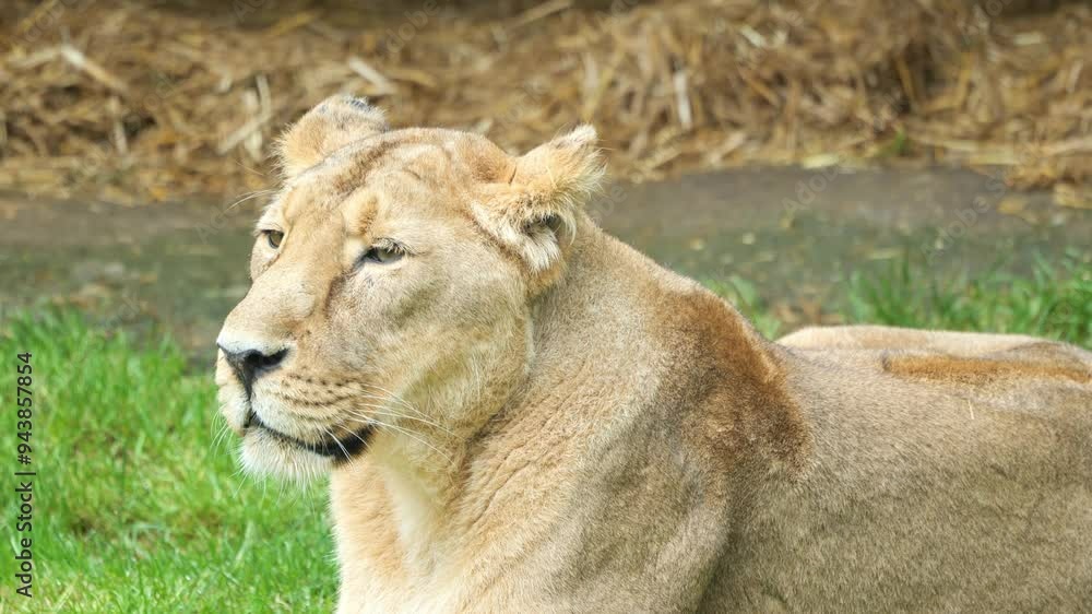 Closeup shot of a lioness face with serious expression Closeup shot of a lioness face with serious expression