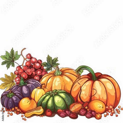 Seasonal autumnal background with pumpkins, vegetables and fruits thanksgiving day illustration on a white background