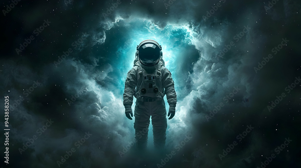 Astronaut standing in a glowing nebula in space. Astronaut standing in a glowing nebula in space.