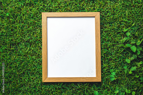 Empty wooden frame mockup on a green grass background