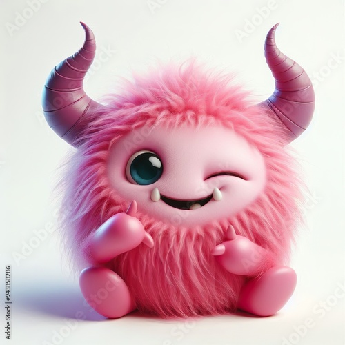 cheeky winking furry 3D pink monster with horns, very soft and fuzzy