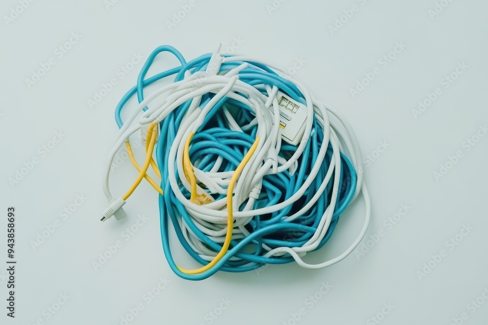 A tightly tangled bundle of blue, white, and yellow network cables on a light surface, representing the clutter and complexity of an unorganized tech setup A tightly tangled bundle of blue, white, and yellow network cables on a light surface, representing the clutter and complexity of an unorganized tech setup