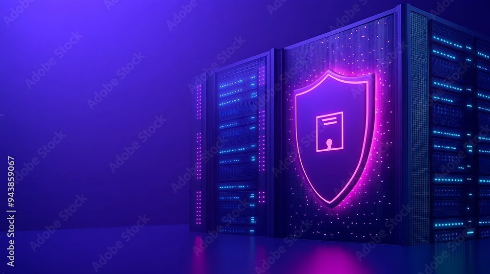 Futuristic server room with digital shield, representing cybersecurity and data protection with glowing neon lights. Modern technology concept. Futuristic server room with digital shield, representing cybersecurity and data protection with glowing neon lights. Modern technology concept.