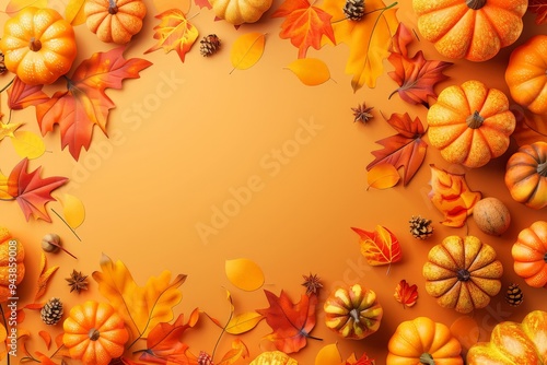 Thanksgiving day background with autumn leaves and pumpkins illustration background with copy space for text