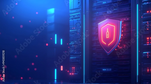 Futuristic server room with neon lights, illuminated data safety shield, and secure technology, representing cybersecurity and information protection.