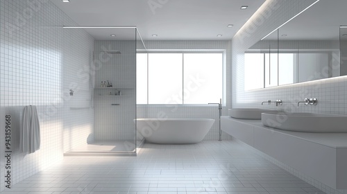 Sleek bathroom with glass shower, bathtub, and double sinks, white tiles, minimalistic design, serene atmosphere