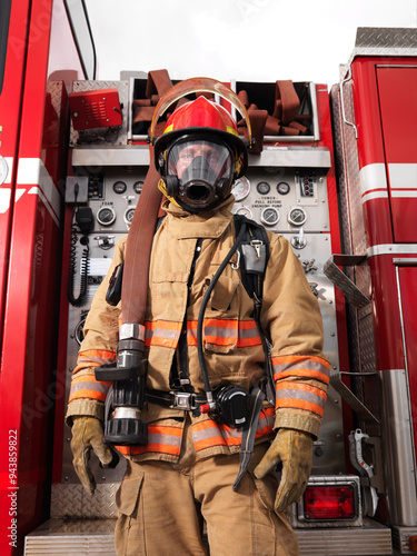 Fireman Pulling Fire Hose from Fire Truck photo