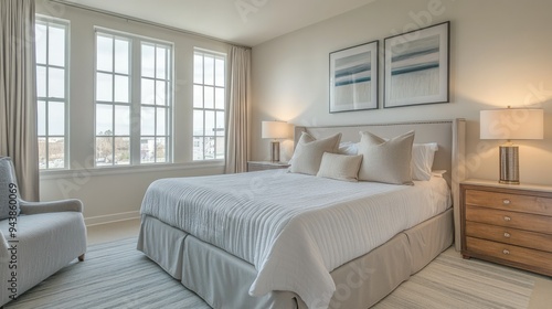 Spacious bedroom with queen-size bed, nightstands, and large windows, soft colors, bright and airy