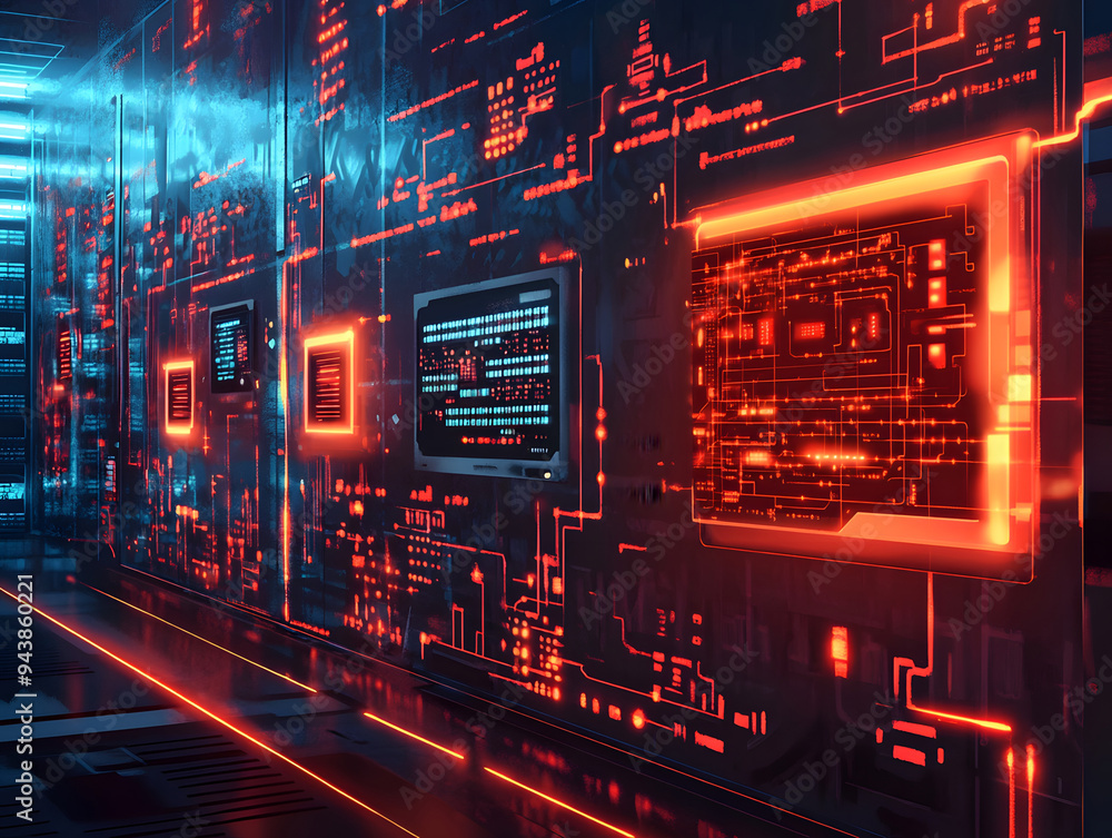Obraz premium Futuristic data center with glowing circuitry and digital screens, showcasing advanced technology and cyber security systems.