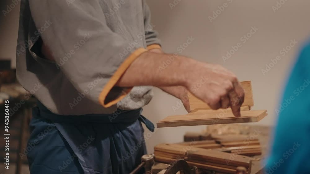 Craftsman inspecting a wooden piece in a woodworking workshop, hands on craftsmanship Craftsman inspecting a wooden piece in a woodworking workshop, hands on craftsmanship