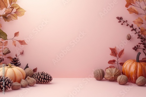 Autumnal Elements Arranged on a Soft Pink Background photo