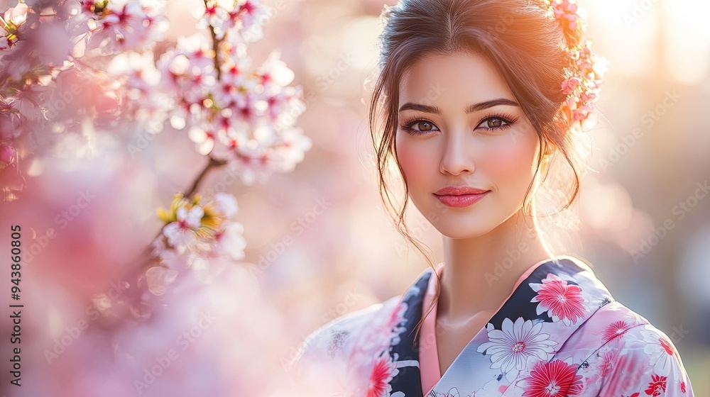 A graceful Asian woman wearing a traditional outfit surrounded by blooming cherry blossoms in a serene afternoon moment A graceful Asian woman wearing a traditional outfit surrounded by blooming cherry blossoms in a serene afternoon moment