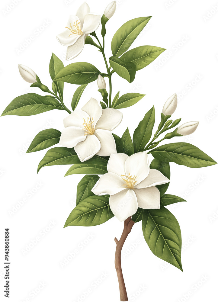 Fototapeta premium A delicate branch of white jasmine blossoms surrounded by vibrant green leaves isolated on transparent background.
