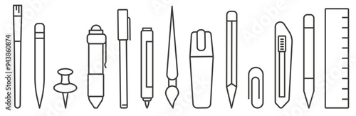 Waiting for school. Thin line school icons. School supplies icons. School education.