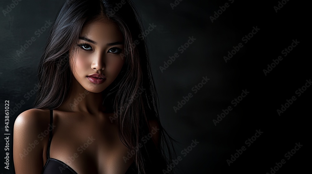 Elegant woman in a stunning bikini striking a confident pose against a dark background during a captivating evening Elegant woman in a stunning bikini striking a confident pose against a dark background during a captivating evening