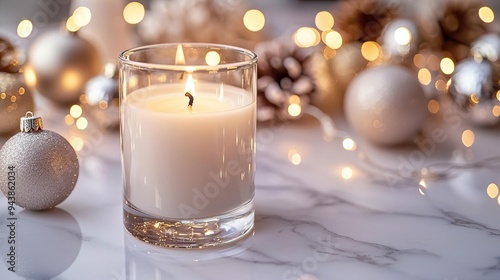 Blank clear straight candle glass on a white marble surface with simple metallic ornaments and soft fairy lights, modern minimalist Christmas mockup, elegant and sophisticated