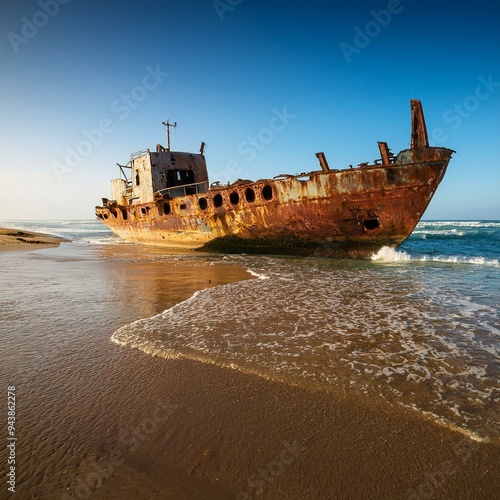 abandoned ship, rusted and shored, AI generated