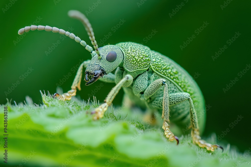 Fototapeta premium Green Beetle with Long Antennae on a Leaf