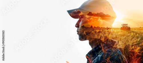 Double exposure image depicts an agronomist in a field with a tractor and a sunset superimposed on his face photo