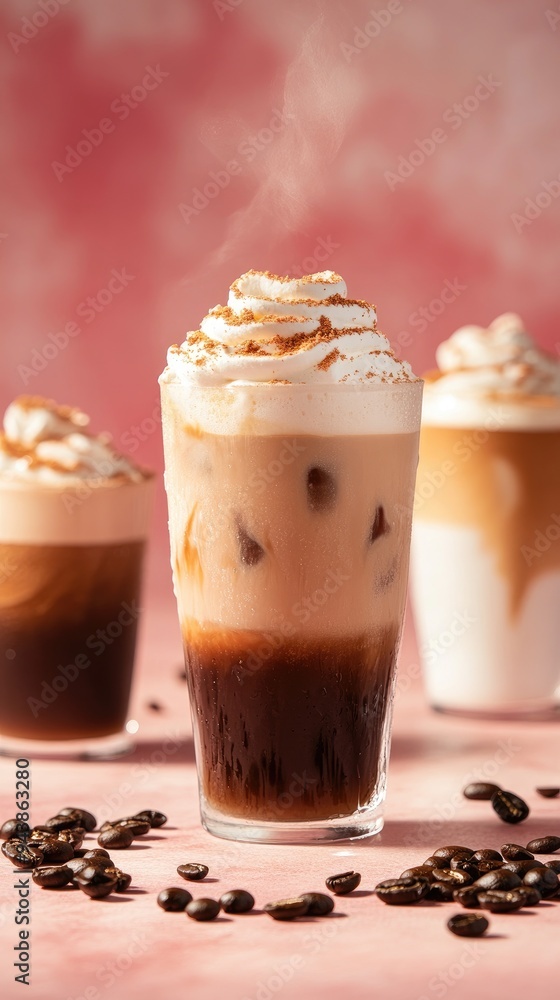 Ice coffee in a tall glass with cream poured over and coffee beans. Set with different types of coffee drinks on a pink table. Ice coffee in a tall glass with cream poured over and coffee beans. Set with different types of coffee drinks on a pink table.