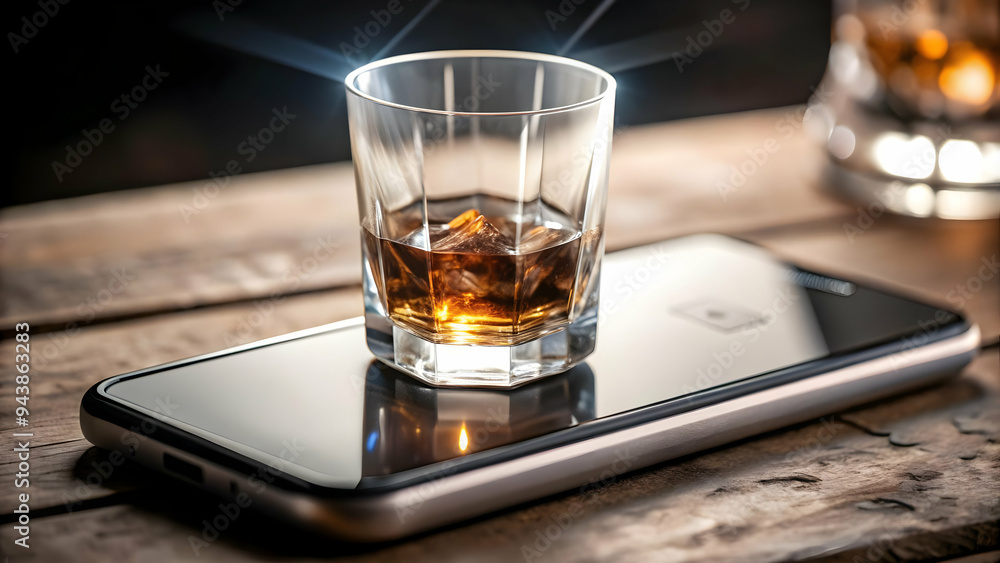 3D Smartphone with holographic whiskey glass floating above isolated on white with copy space concept as A smartphone lies on a white surface with a holographic whiskey glass icon floating above it. T 3D Smartphone with holographic whiskey glass floating above isolated on white with copy space concept as A smartphone lies on a white surface with a holographic whiskey glass icon floating above it. T