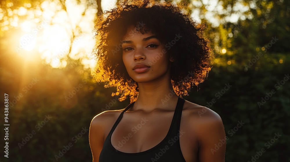 Empowered Afro woman enjoying a vibrant sunset in stylish streetwear sports attire while embracing her unique beauty and confidence Empowered Afro woman enjoying a vibrant sunset in stylish streetwear sports attire while embracing her unique beauty and confidence
