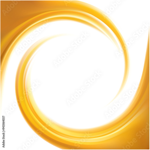 Light ocher whirl backdrop with space for text in white center. Curl fluid surface bright hot amber color. Circle eddy mix of sweet apricot, lemon dessert syrup caramel 