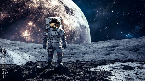 Astronaut stands on a moon-...