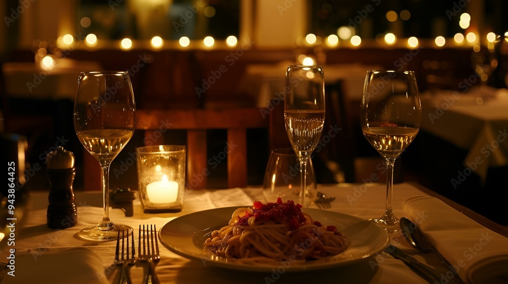 Crystal wineglasses filled with champagne, set on a white tablecloth at a luxurious restaurant, ready for a celebratory dinner Crystal wineglasses filled with champagne, set on a white tablecloth at a luxurious restaurant, ready for a celebratory dinner
