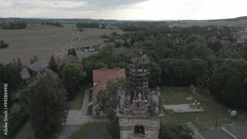 Drone view of the old Evangelic church in Twardocice village [Poland] (flying above) photo