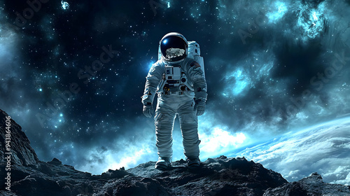 Astronaut stands on a rocky...
