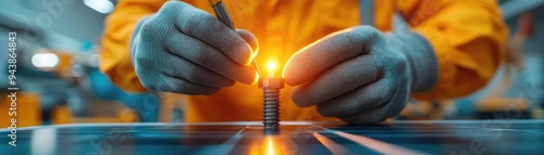 A closeup of a technician tightening a solar panel mount, the bolt catching the sun s rays The shot focuses on the detailed work involved in securing the panels photo